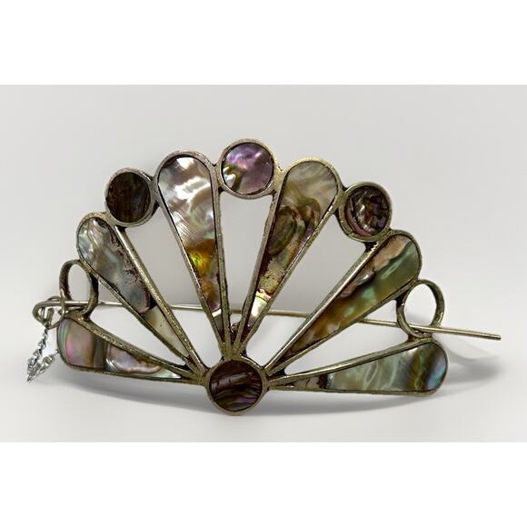Vintage Alpaca Silver Mexico Abalone Mother Of Pearl Inlay Hair Barrette Clip 3” - Picture 1 of 9